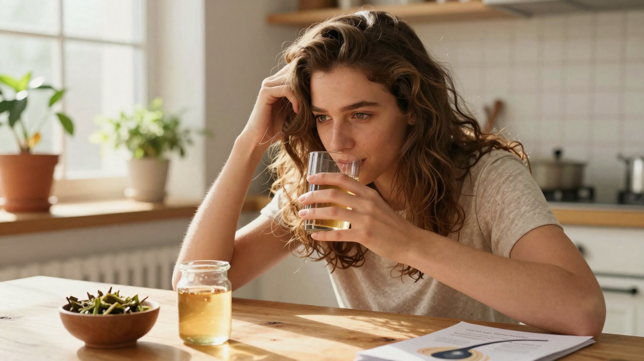 Young woman with wavy hair drinks from a glass at a kitchen table with snacks and papers nearby.