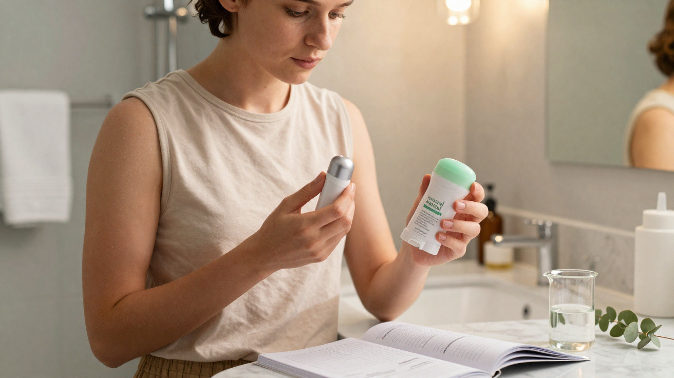 Person reading product labels of two deodorant sticks in a bathroom with an open book on the counter.