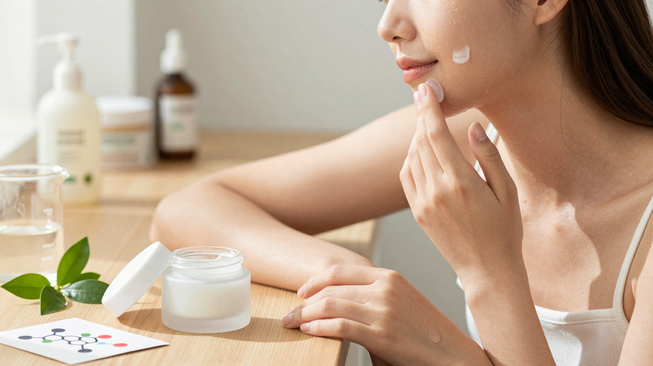 Young woman applying cream to her face with skincare products on a wooden table indoors.