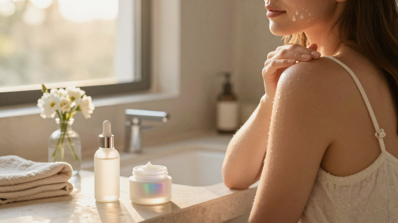 Woman with water droplets on shoulder next to skincare products on bathroom counter by a window with flowers.