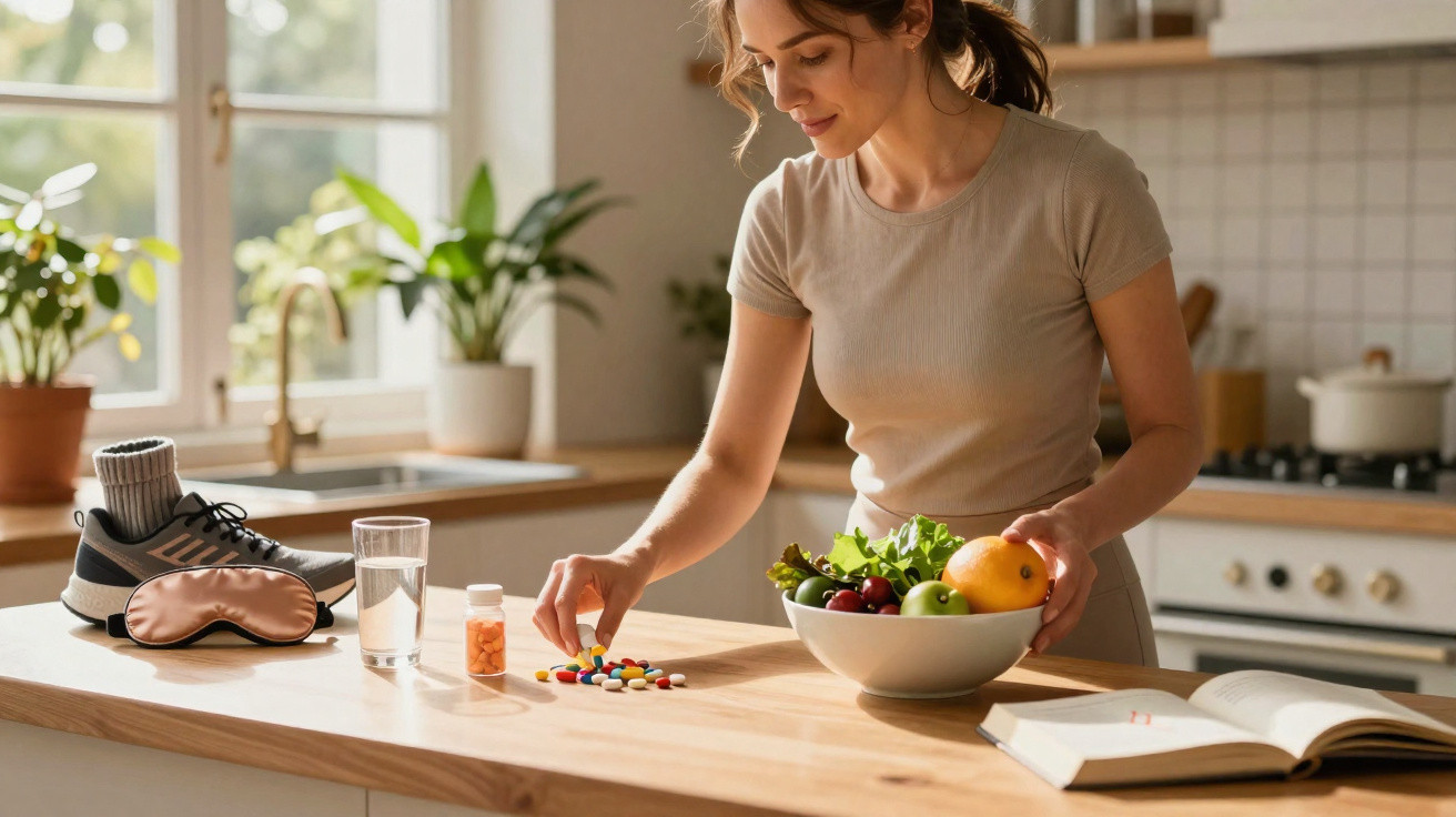 Woman in kitchen choosing between colourful pills and fresh fruit from bowl on wooden countertop.