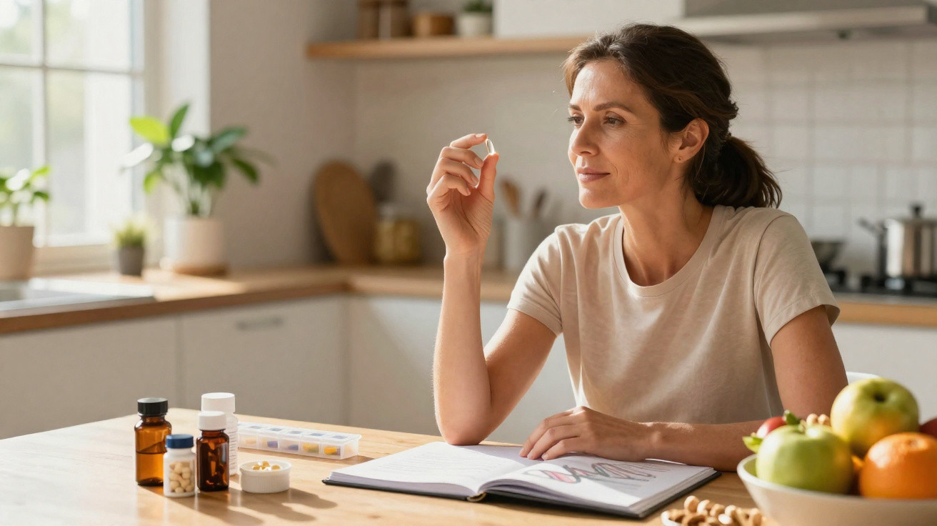 Woman sitting at kitchen table holding a pill with supplements and a book open in front of her