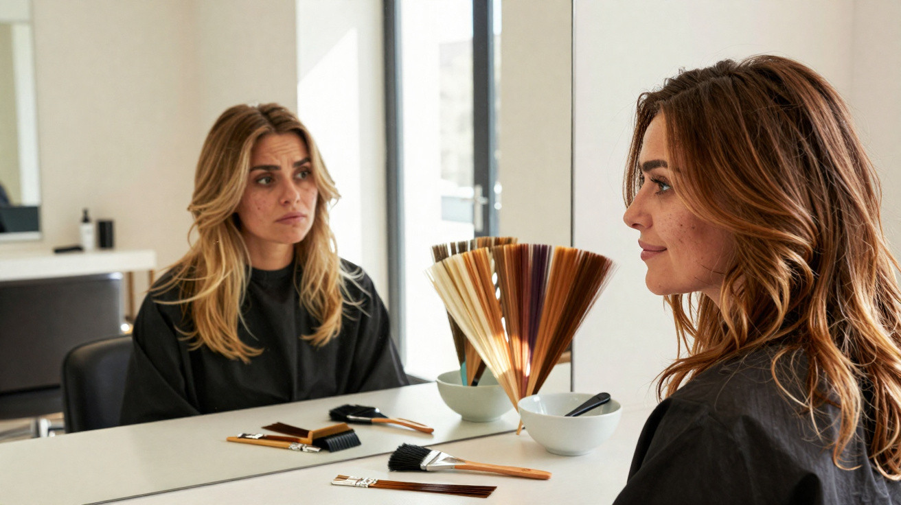 Woman with freshly dyed brown hair looking at her reflection in a salon mirror with hair colour samples and brushes on the ta