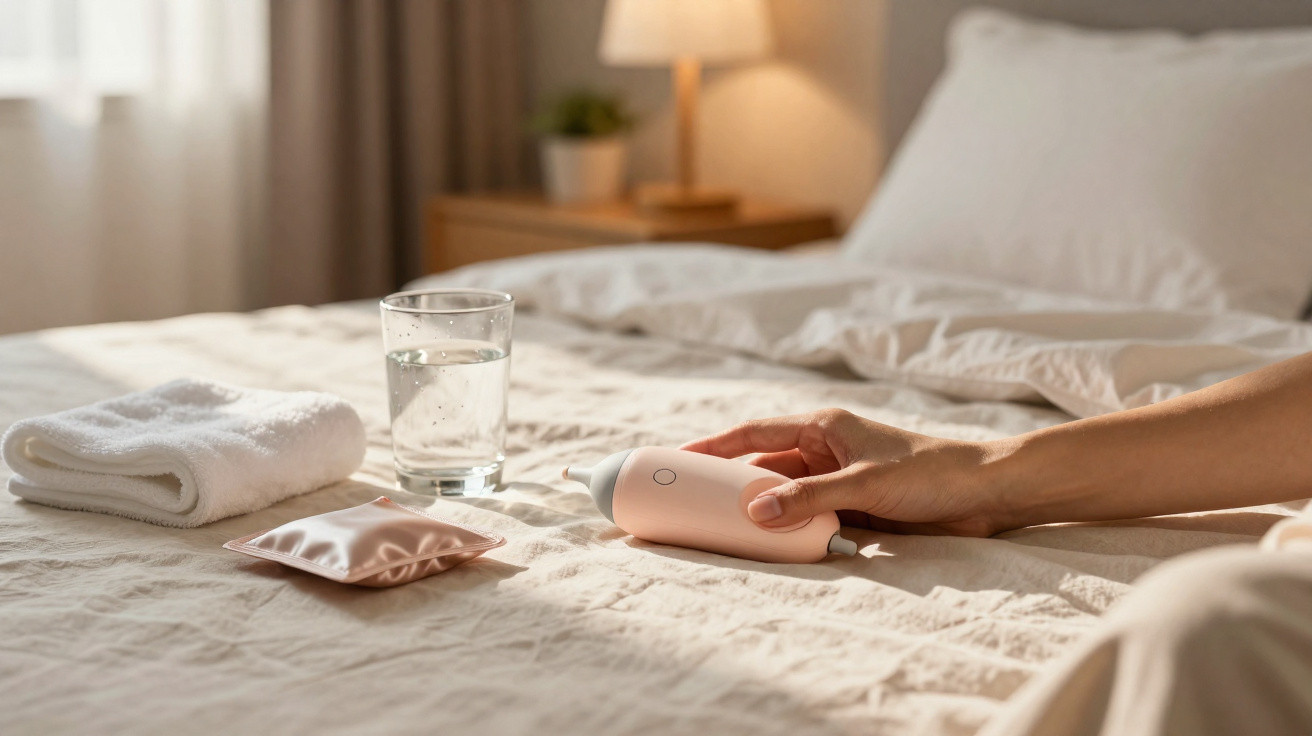 Hand holding a small pink device on bed with folded towel, sachet, and glass of water in a softly lit bedroom.