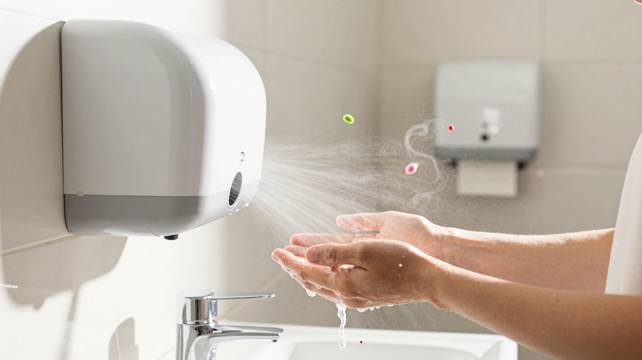 Automatic hand dryer blowing air onto wet hands above a sink in a public restroom.