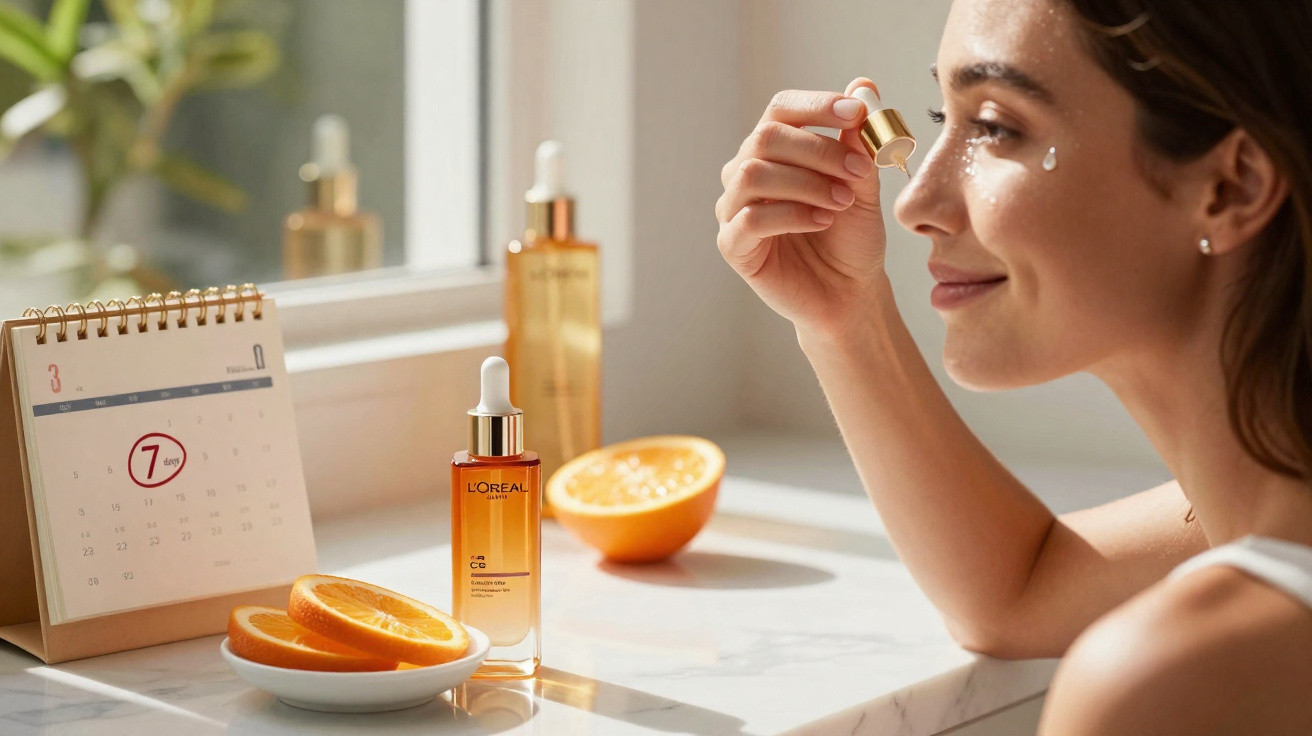Woman applying skincare serum near L'Oréal bottles, orange slices, and a calendar on a sunny windowsill.