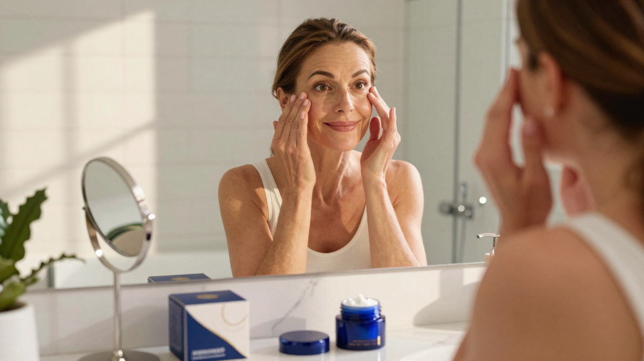 Middle-aged woman applying eye cream while looking into a bathroom mirror with skincare products on the counter.