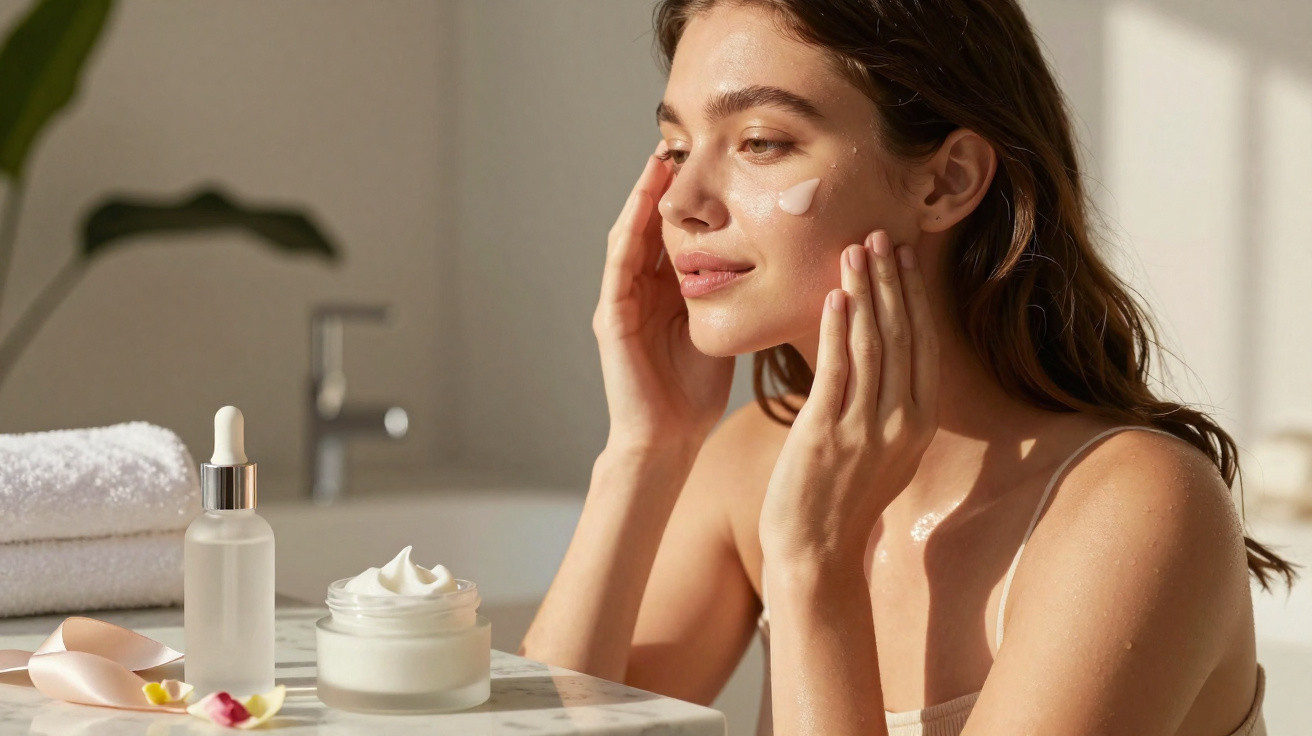 Young woman applying face cream with skincare products on marble counter in bright bathroom