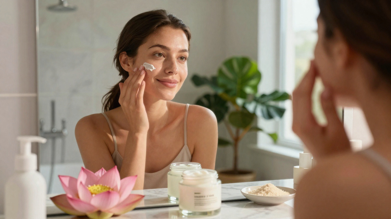 Young woman applying face cream while looking in bathroom mirror with skincare products and pink lotus flower on counter.