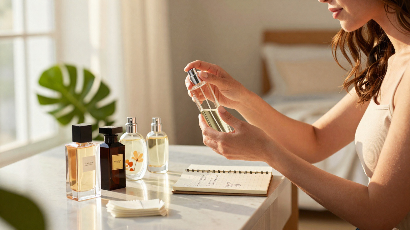 Woman holding a perfume bottle with several other bottles and a notebook on a marble table by a window.