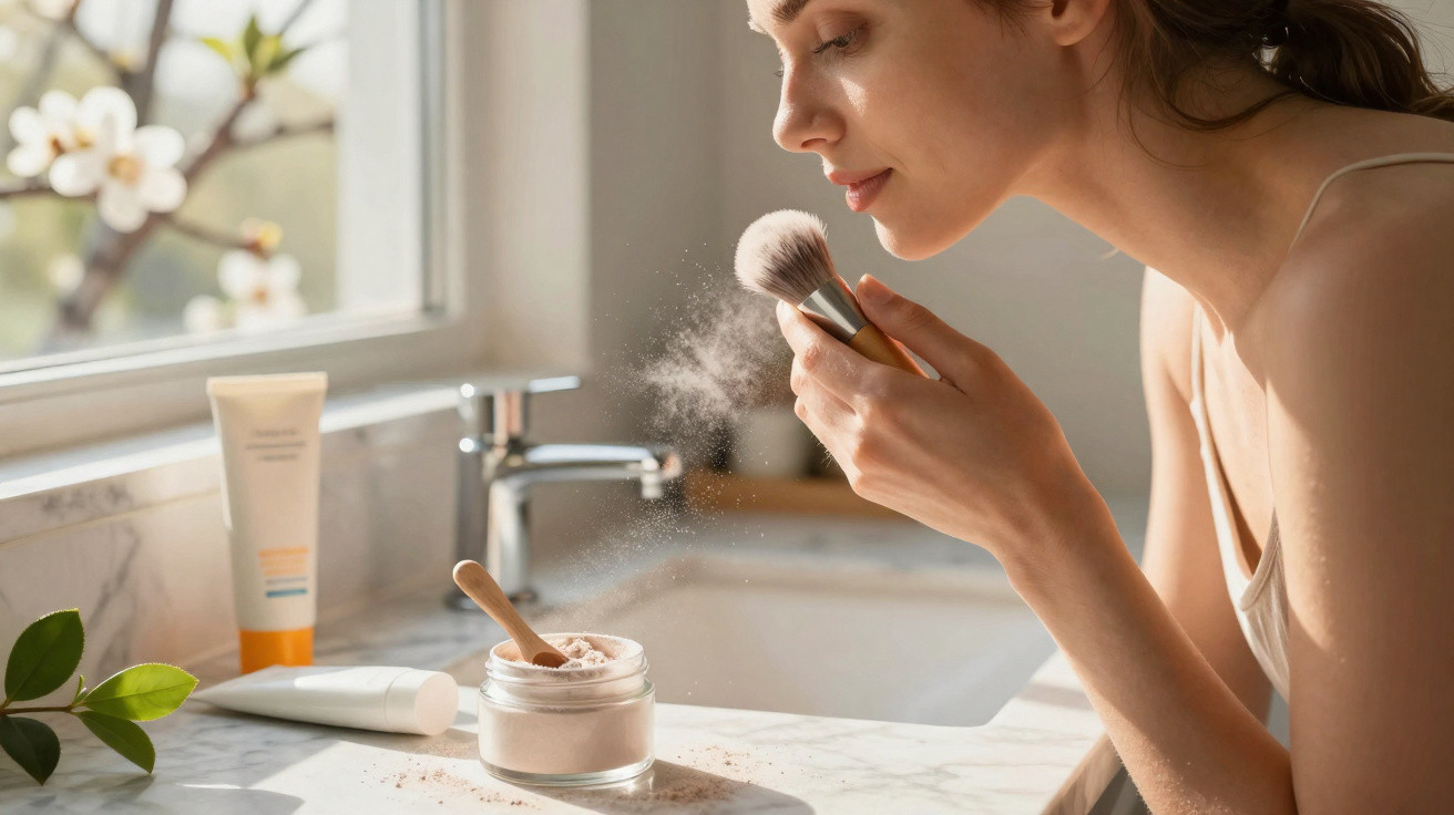 Woman holding makeup brush near loose powder jar on bathroom counter by window with flowers outside