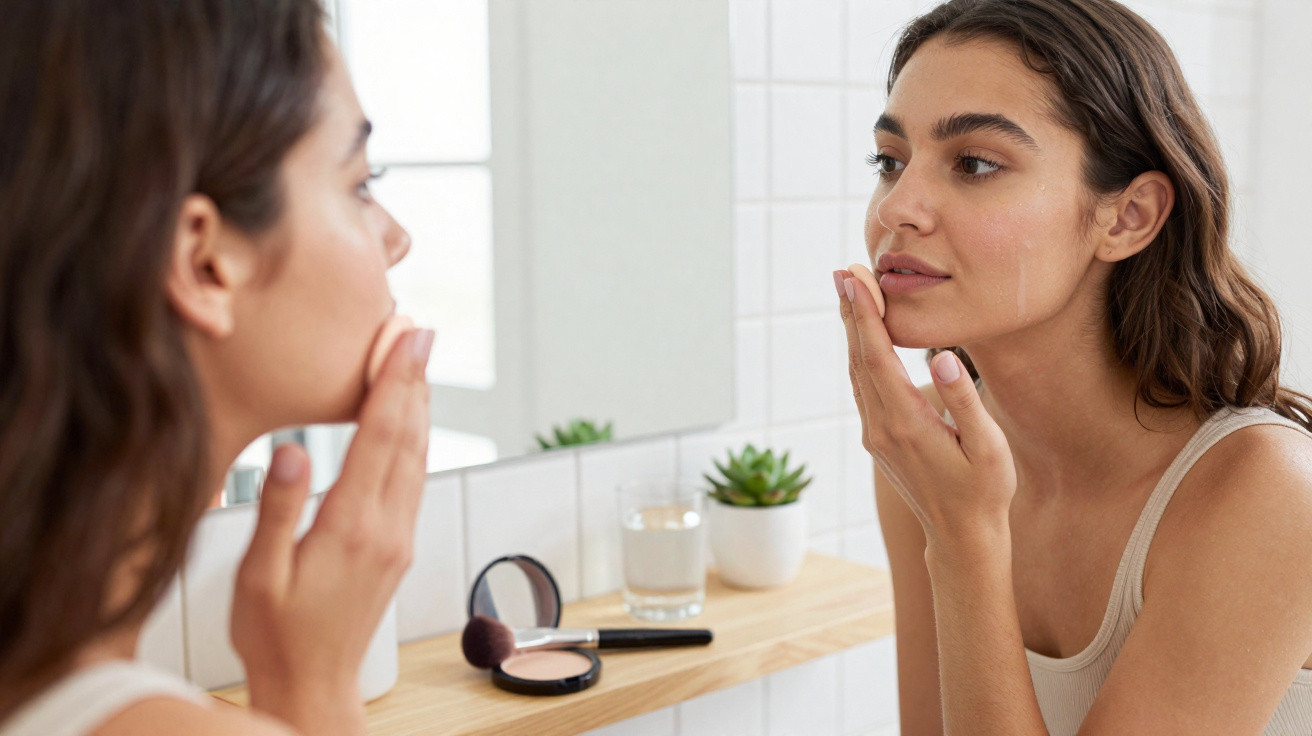 Young woman applying skincare cream on her face in front of a bathroom mirror.