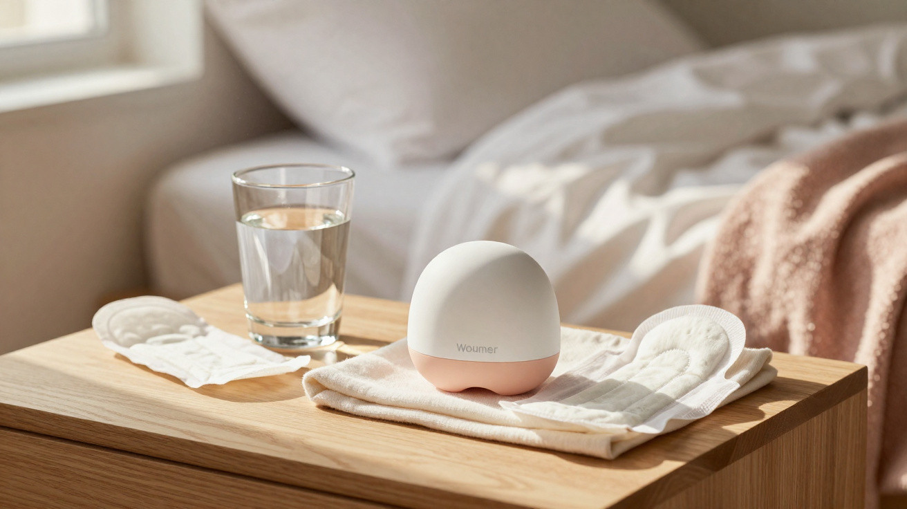 Nightstand with a glass of water, a feminine hygiene device, and sanitary pads on a wooden bedside table.
