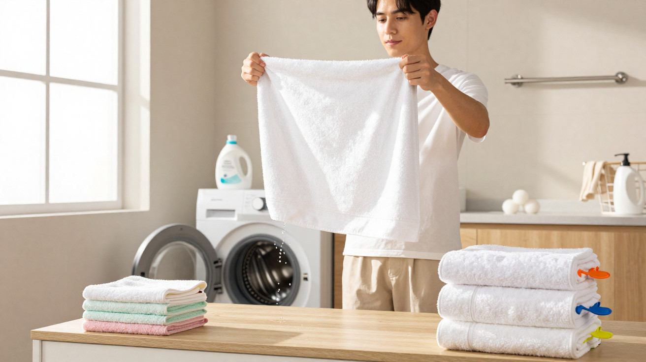 Man folding a white towel in a bright laundry room with washing machine and folded towels on a wooden table.