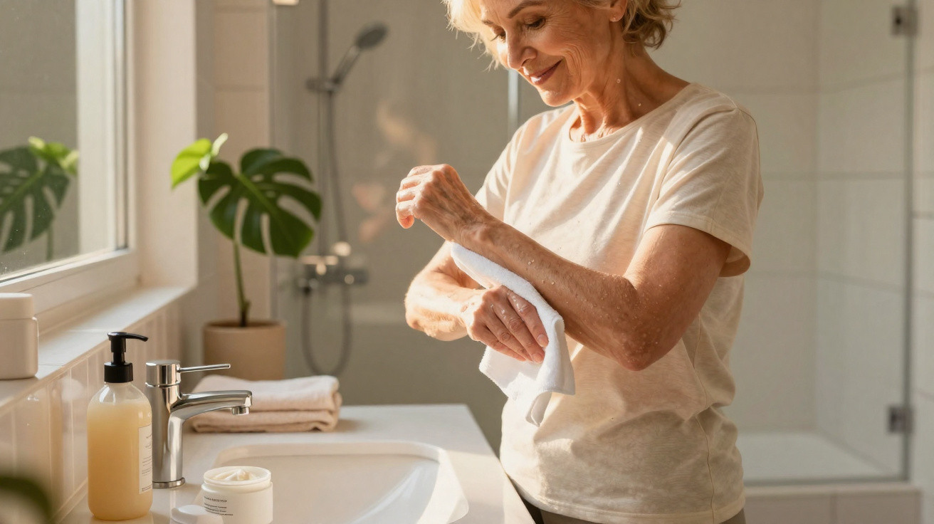 Mature woman drying her arm with a white towel in a bright, modern bathroom beside a sink.