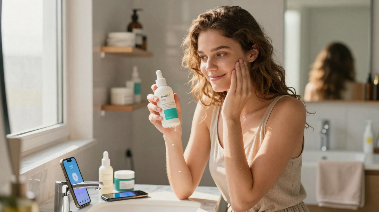 Young woman applying face serum in a bright bathroom with skincare products and smartphone on the sink.