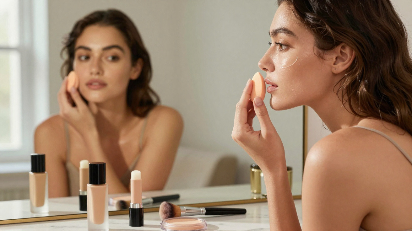 Young woman applying foundation with a makeup sponge in front of a mirror on a white countertop.
