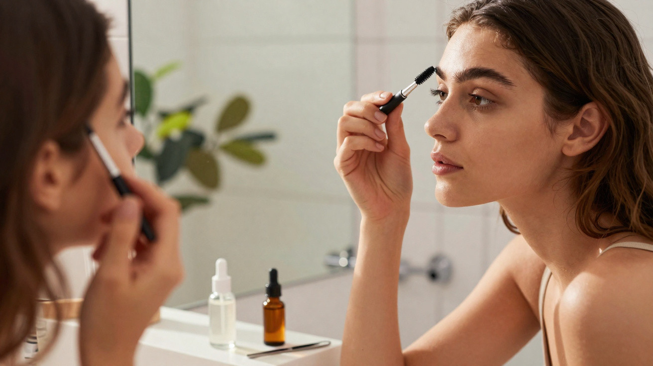 Young woman applying eyebrow gel in front of a bathroom mirror with skincare products on the counter.