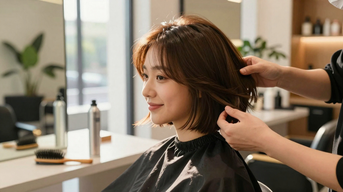 Woman with short brown hair smiling while a hairstylist adjusts her hair in a bright salon.
