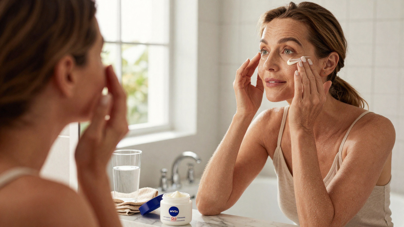 Middle-aged woman applying cream to her face while looking in bathroom mirror.