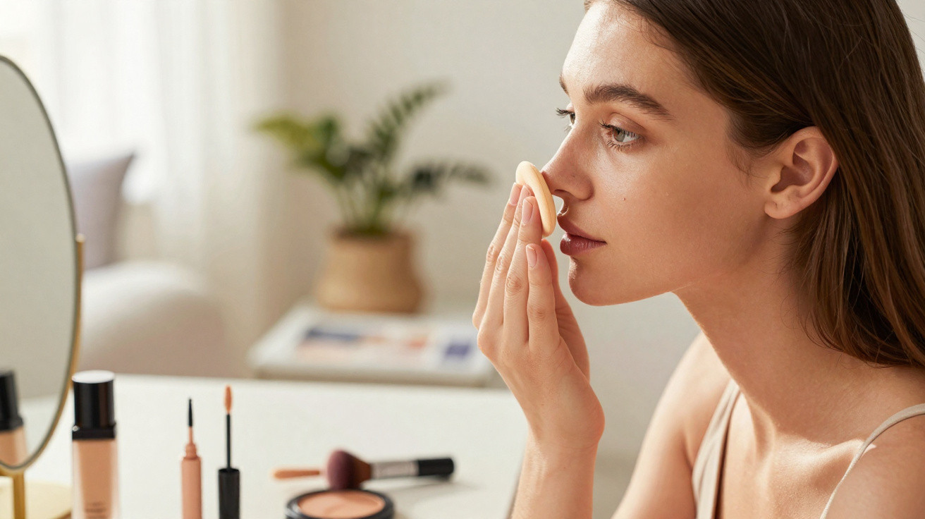 Woman applying makeup with a sponge at a dressing table with cosmetics and a mirror in a softly lit room.