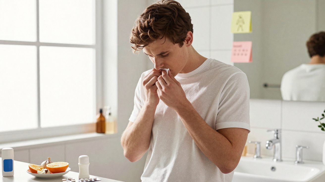 Young man in white t-shirt tending to a nosebleed in a bright bathroom with skincare items on the counter.