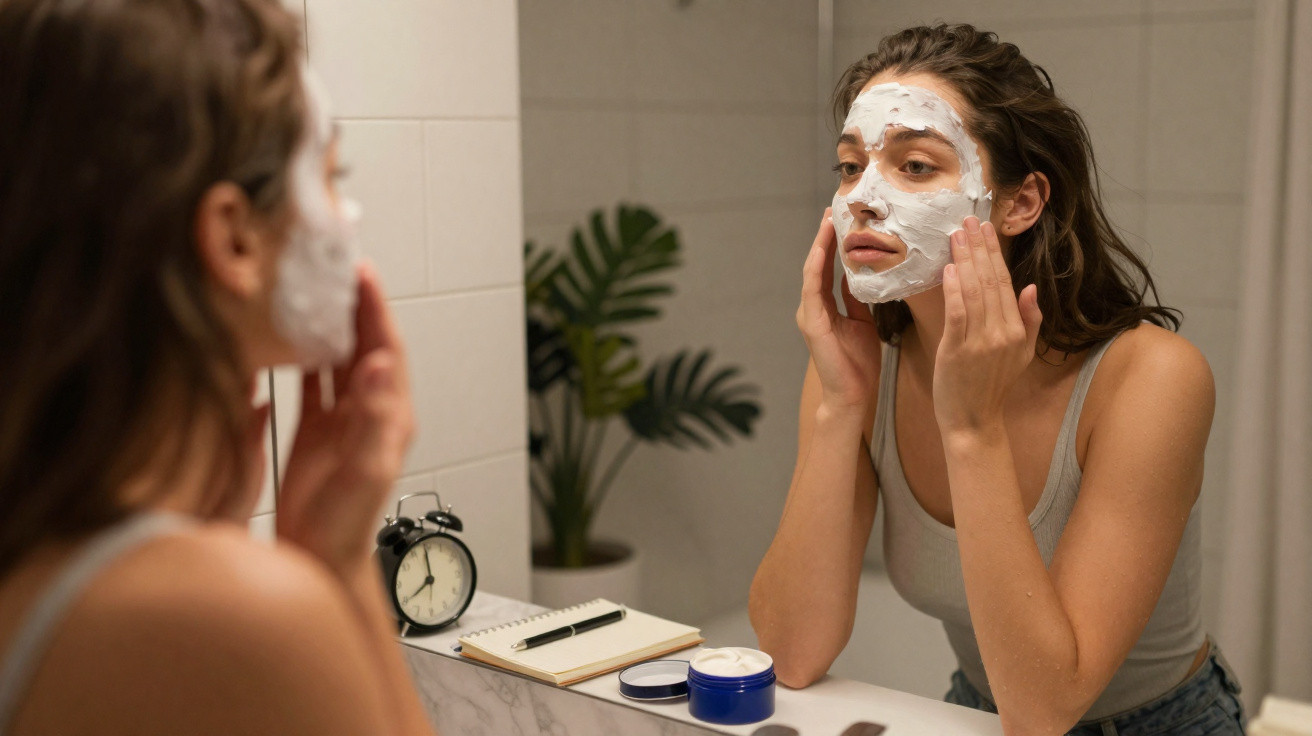 Woman applying white facial cream while looking in bathroom mirror with notebook and clock on the counter.