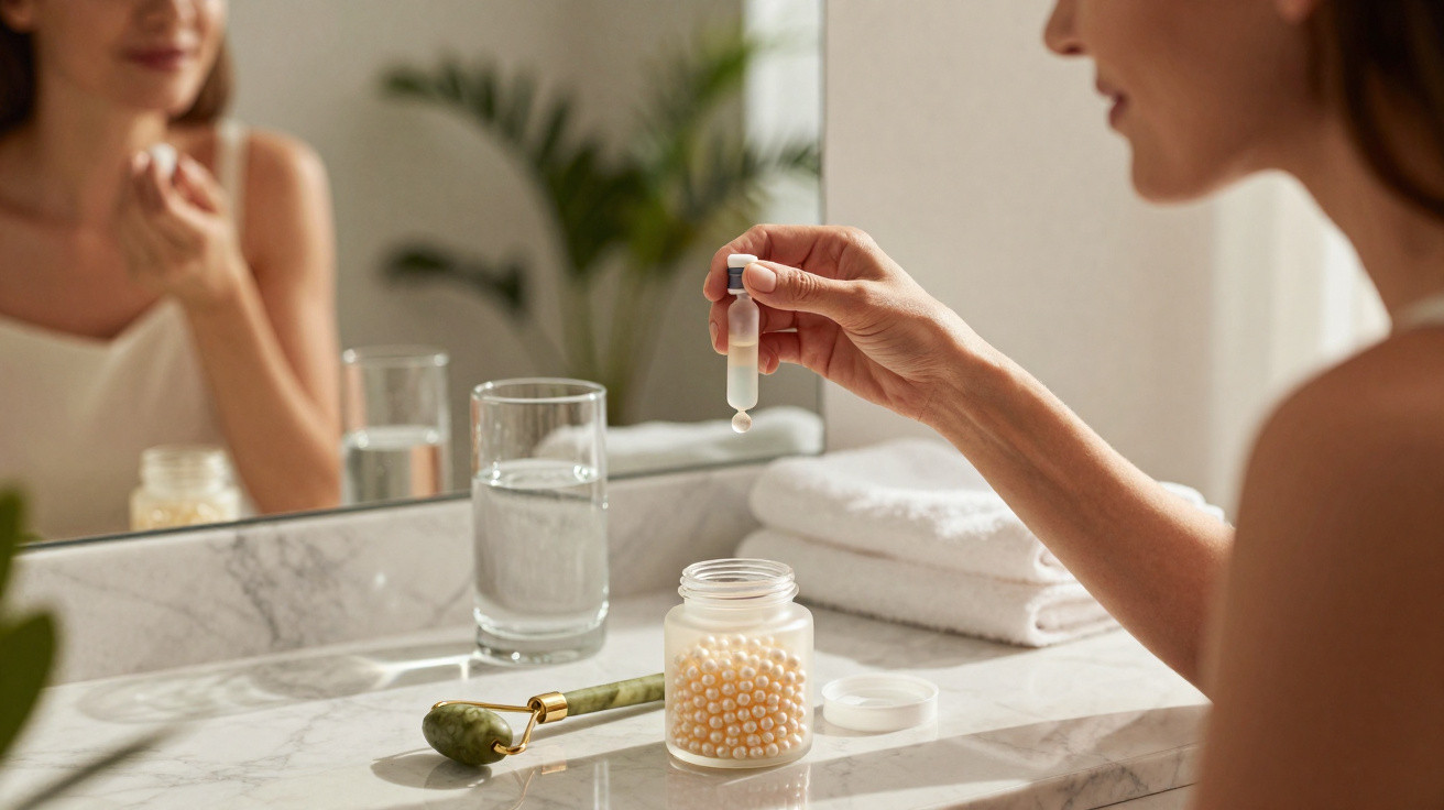 Woman holding dropper above jar of skincare pearls on bathroom counter with towel and water glass nearby