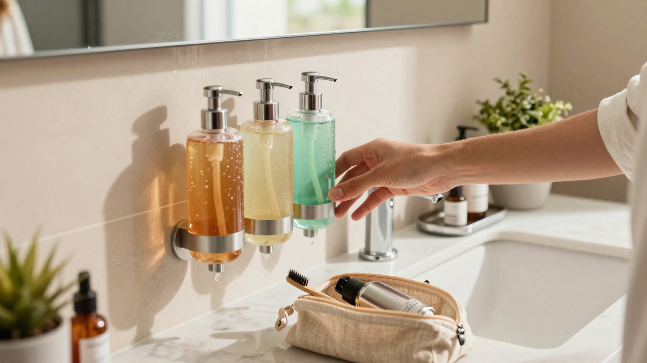 Hand reaching for a green liquid soap dispenser among three wall-mounted dispensers above a bathroom sink with toiletries.