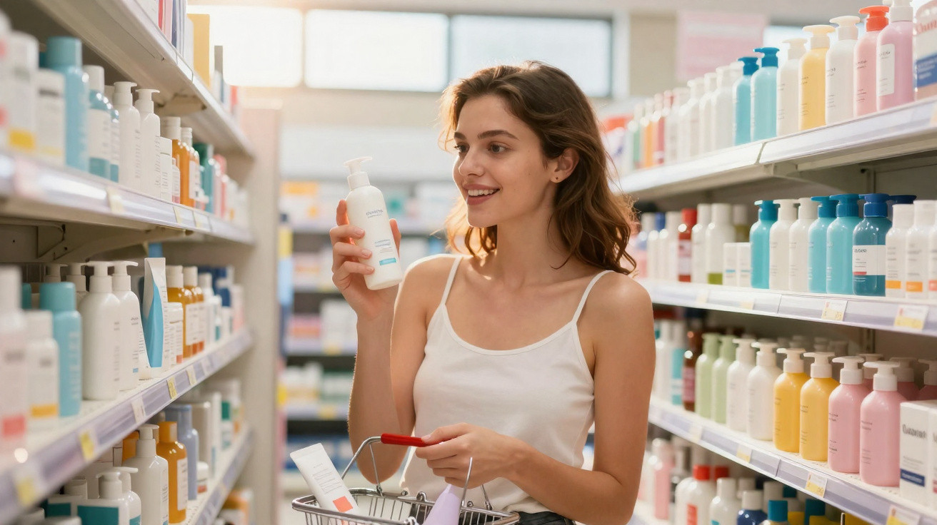 Young woman shopping for skincare products in a store aisle filled with lotion bottles.