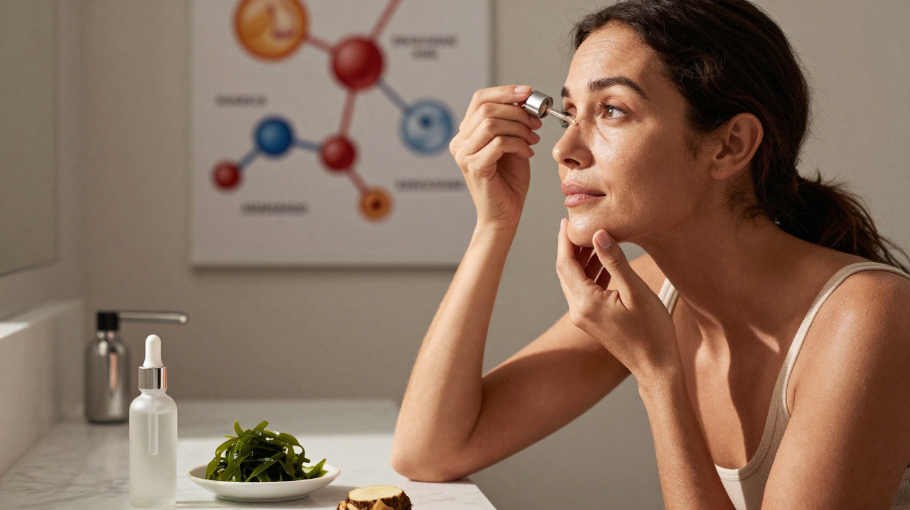 Woman applying skincare serum near bathroom mirror with seaweed and botanical ingredients on counter