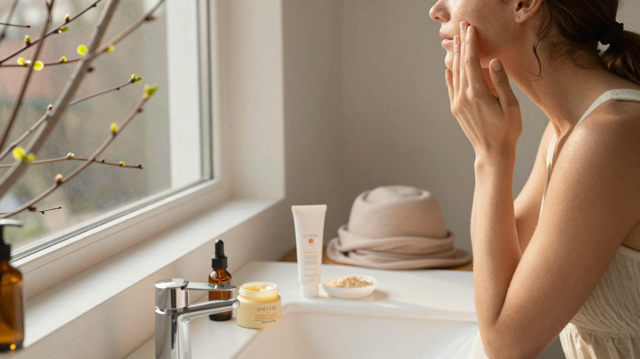 Woman applying skincare near bathroom window with cream jars and a beige hat on the counter.