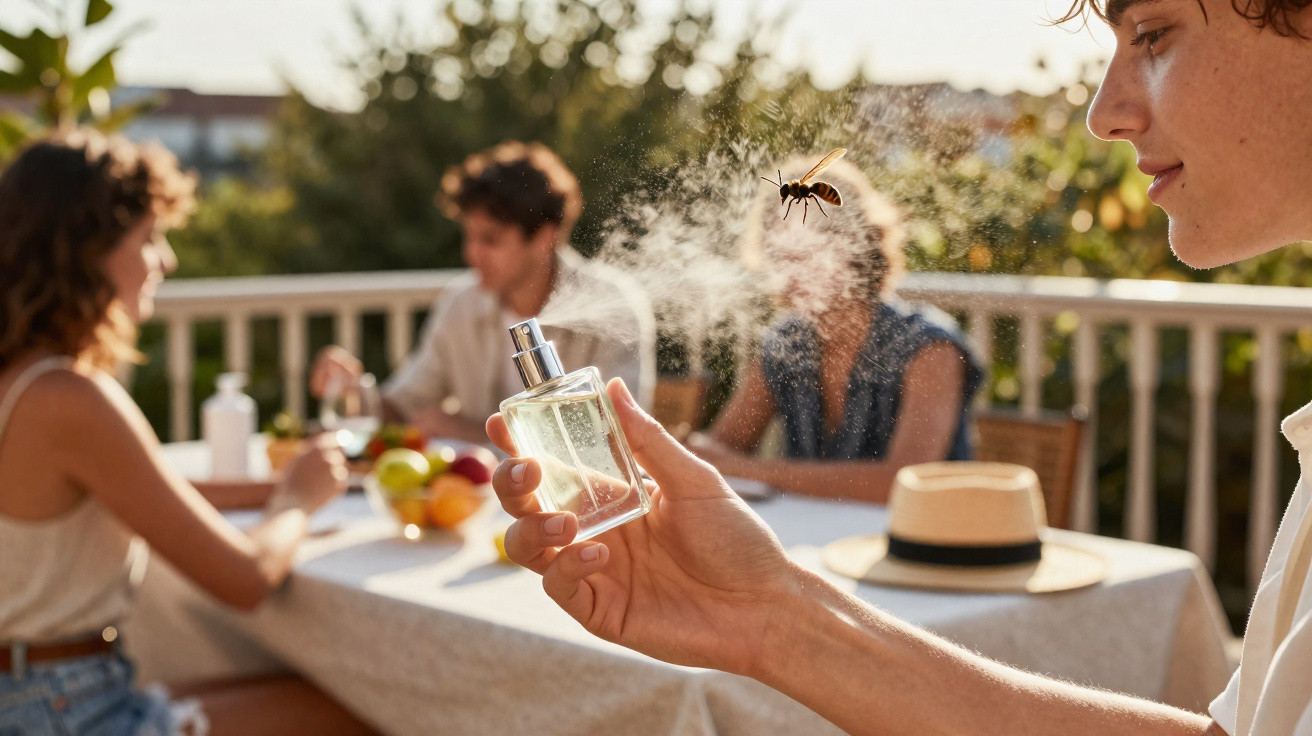 Person spraying insect repellent from a bottle at a wasp while friends sit at a table outdoors.