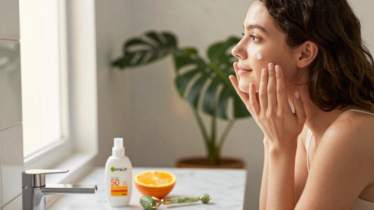Woman applying sunscreen to her face in a bright bathroom with skincare products on the counter.
