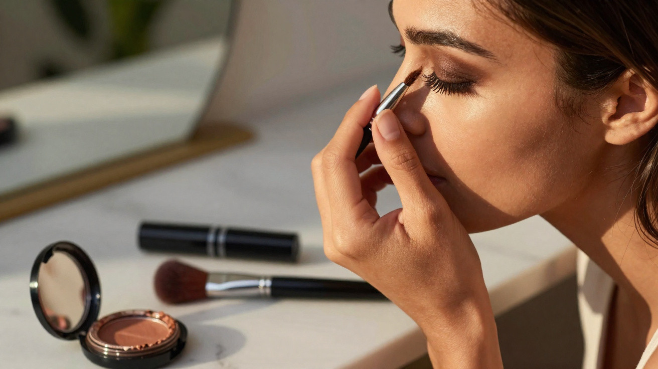 Woman applying eyeshadow with a brush while looking into a mirror on a white surface with makeup tools.