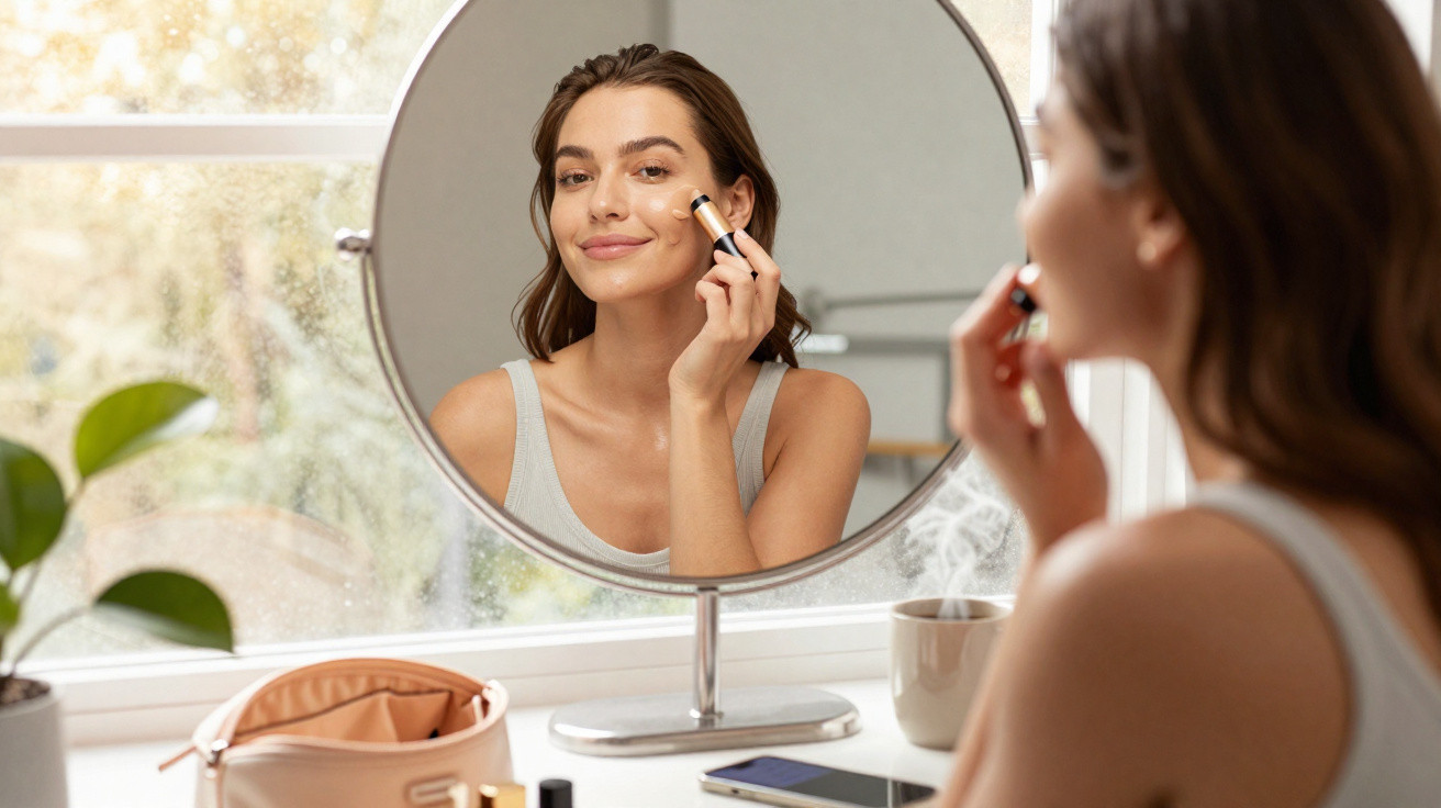 Young woman applying makeup with a stick foundation while looking into a round mirror by a window.