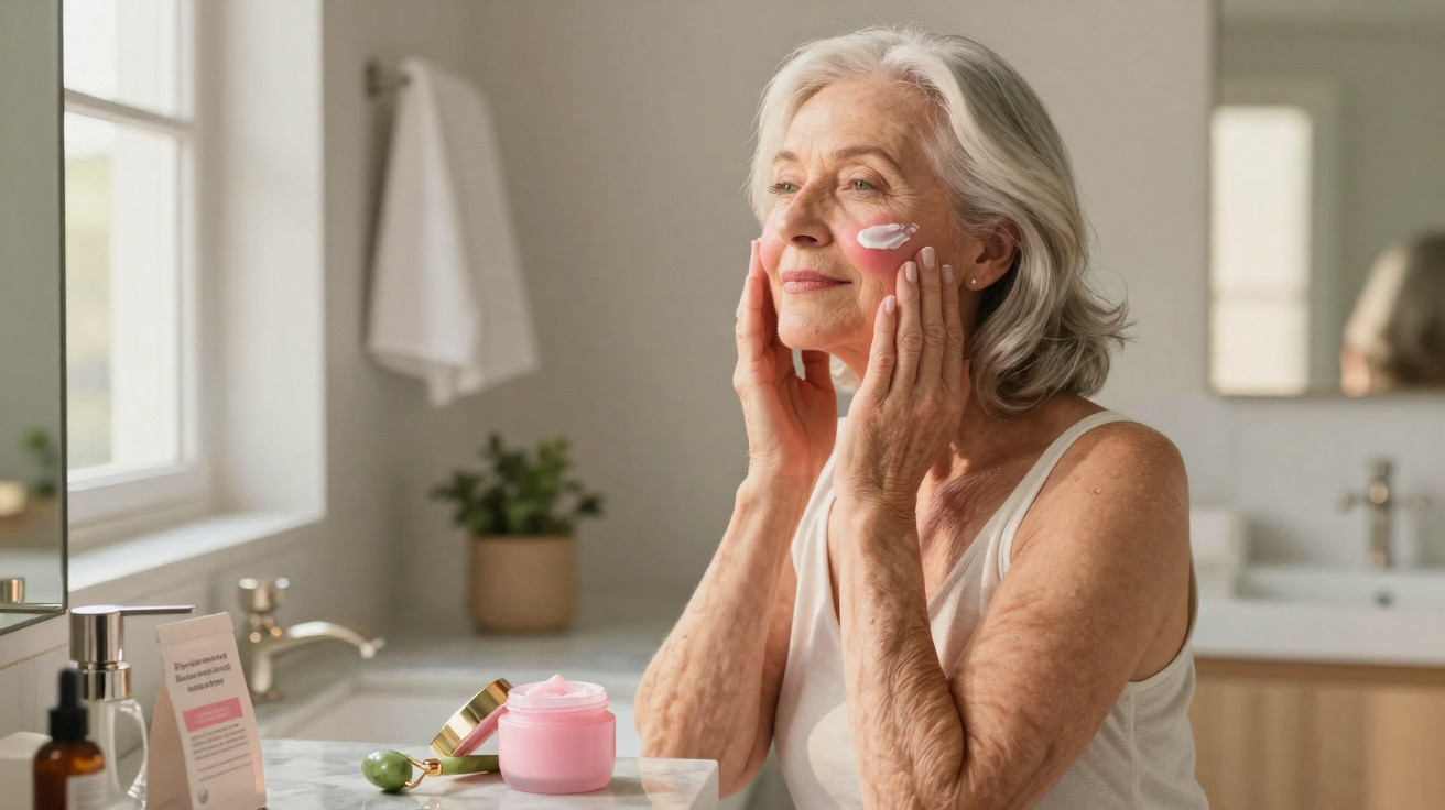 Older woman applying face cream in a bright bathroom with skincare products on the counter.