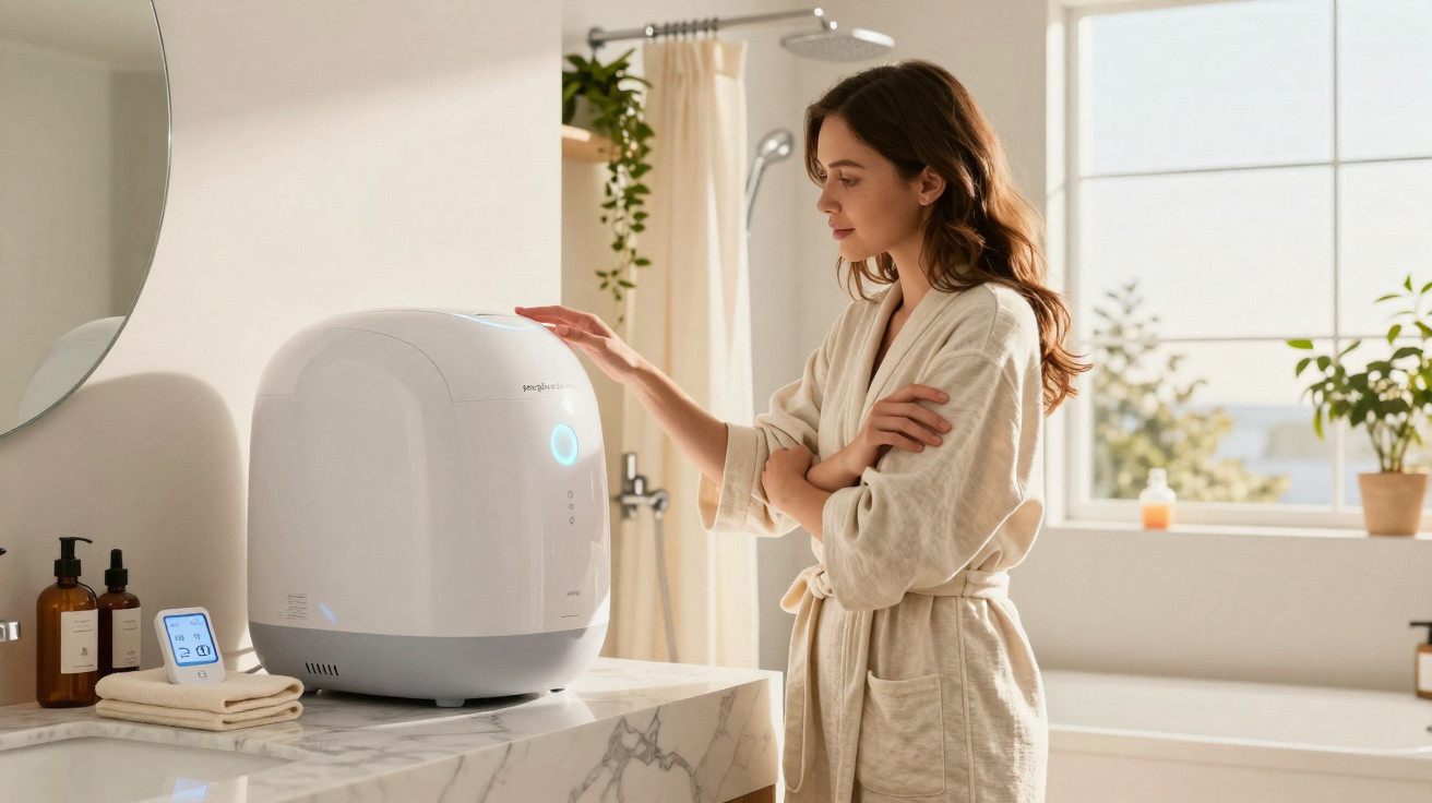 Woman in bathrobe using a white countertop appliance in a bright bathroom with plants and toiletries.
