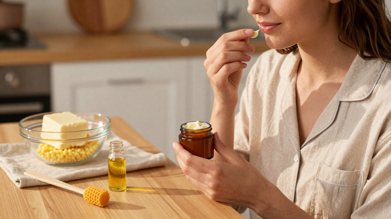 Woman in beige pajamas holding a small jar of cream and about to take a capsule in a kitchen setting.