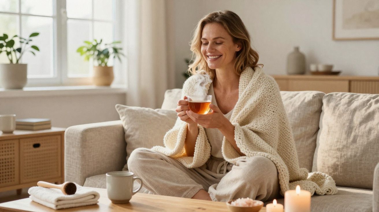 Smiling woman wrapped in cream knitted blanket, enjoying tea on a beige sofa in a cosy living room.