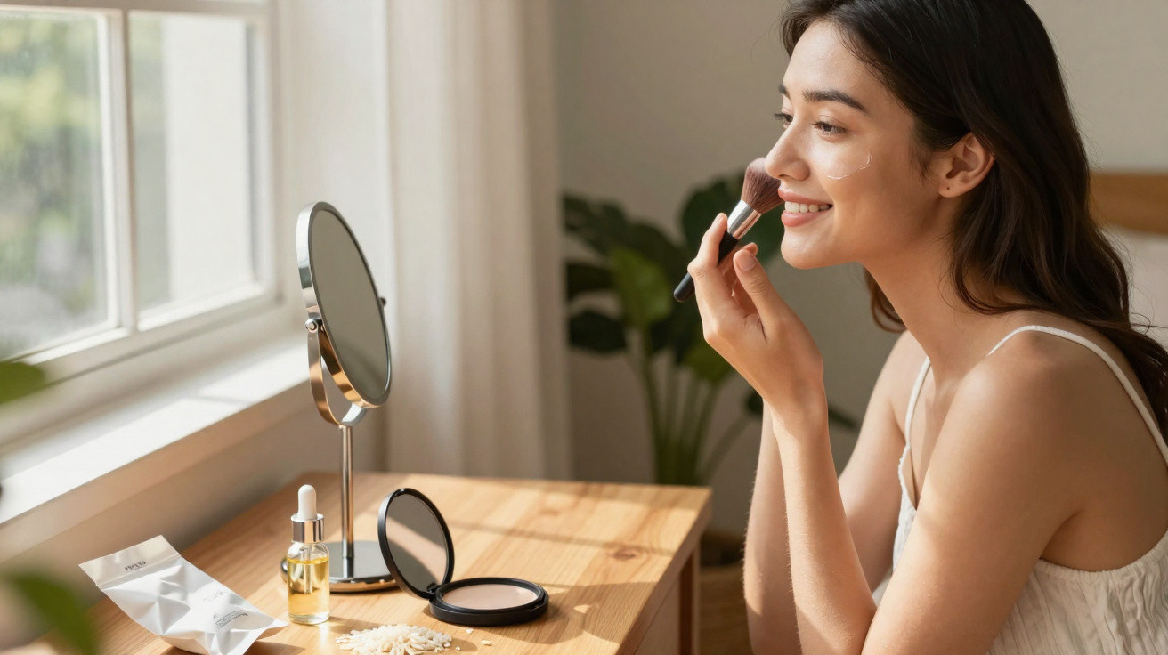 Young woman applying makeup with a brush at a wooden dressing table by a window.