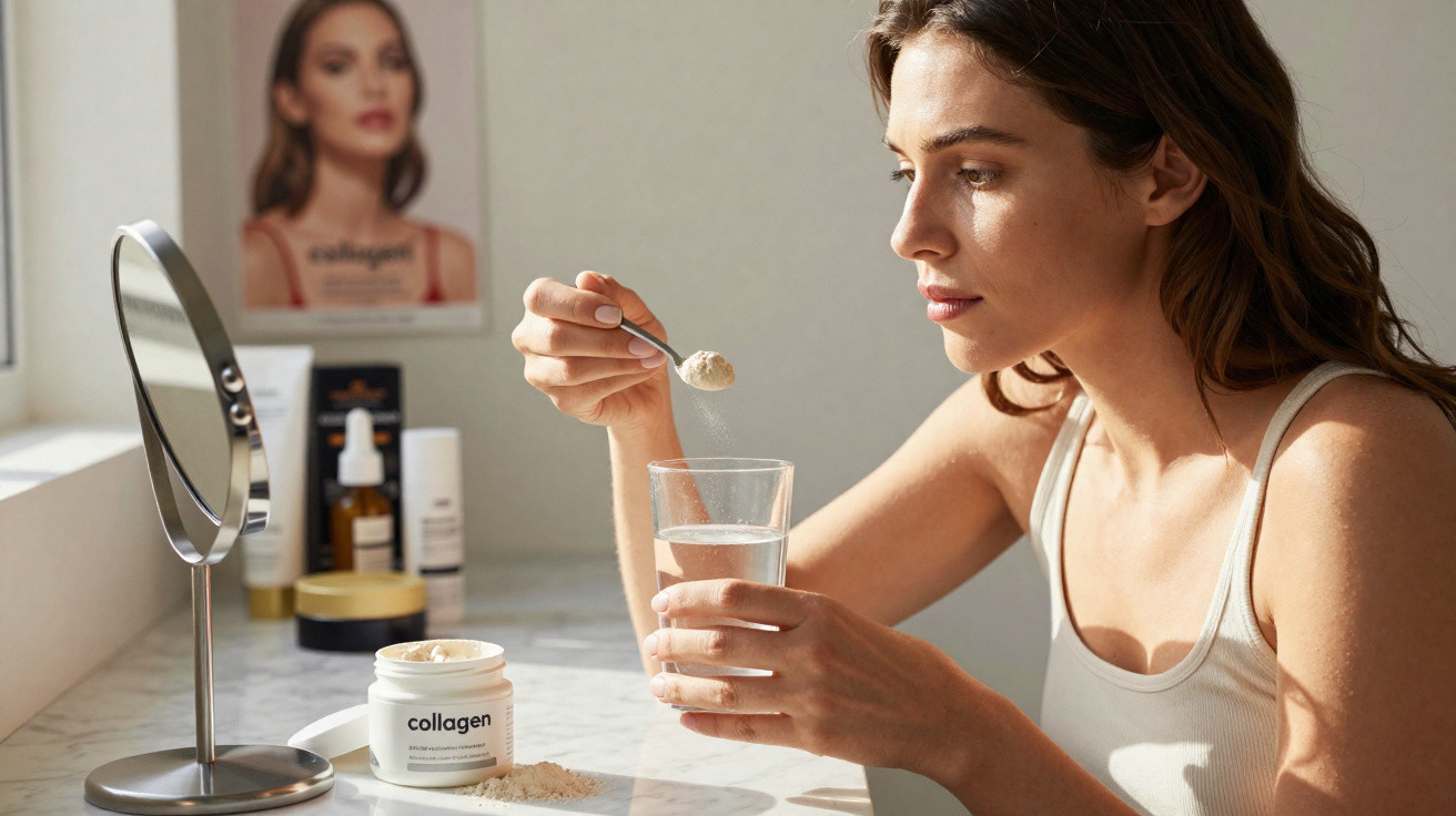 Woman in white top adding collagen powder to a glass of water on a marble table near a mirror.