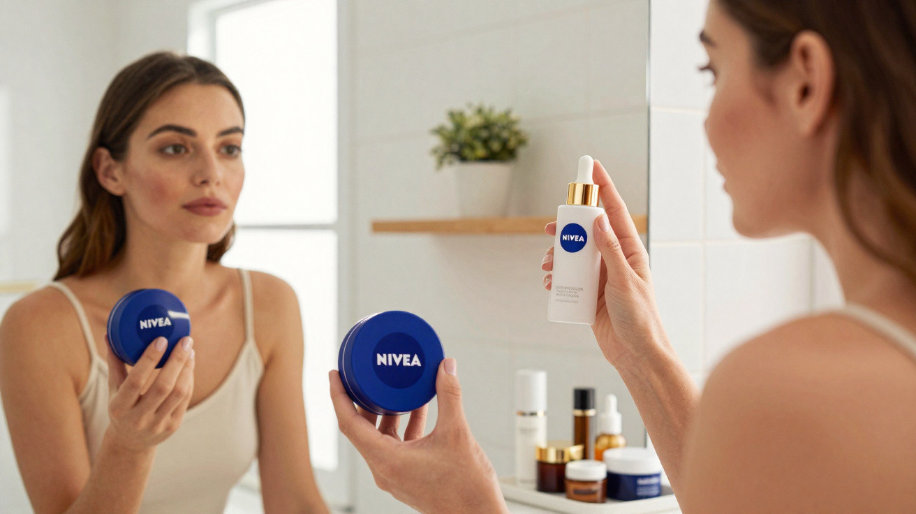 Woman holding Nivea skin cream and serum while looking at her reflection in a bathroom mirror.