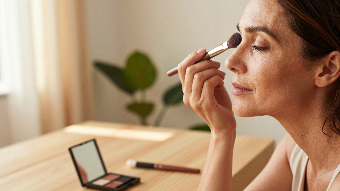 Woman applying eyeshadow with a makeup brush seated at a wooden table near a window with soft natural light.