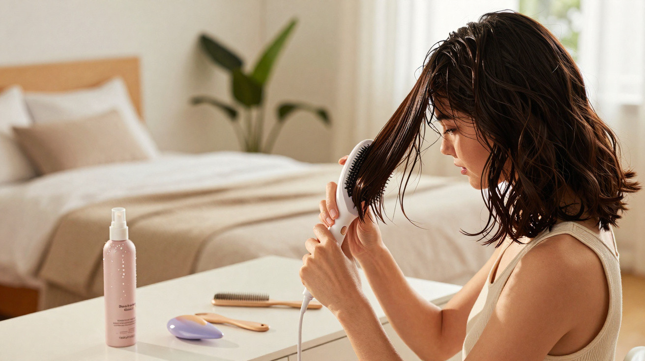 Woman in beige top brushing damp hair with a white hairbrush in a bright bedroom.