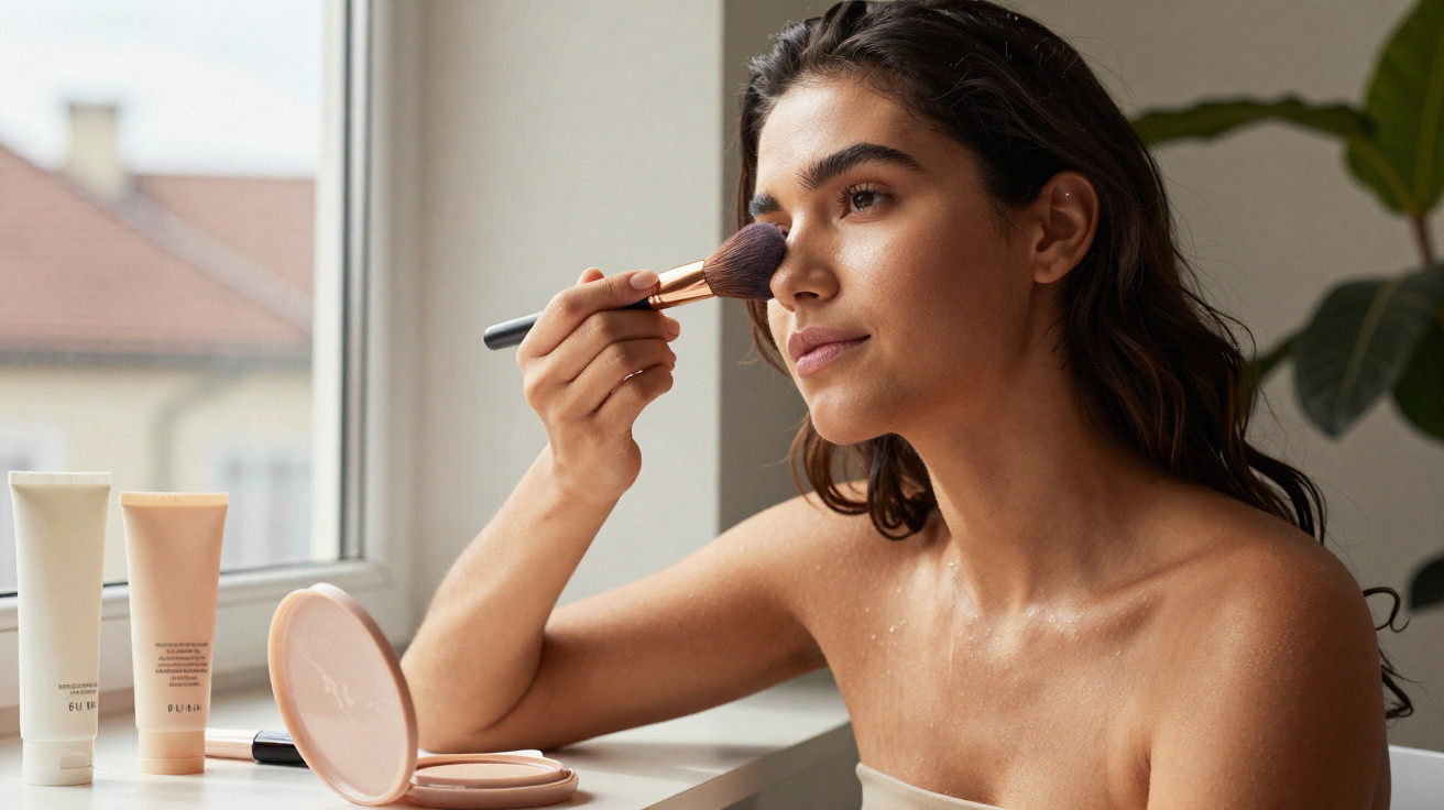 Young woman applying makeup with brush near window with cosmetic products on table
