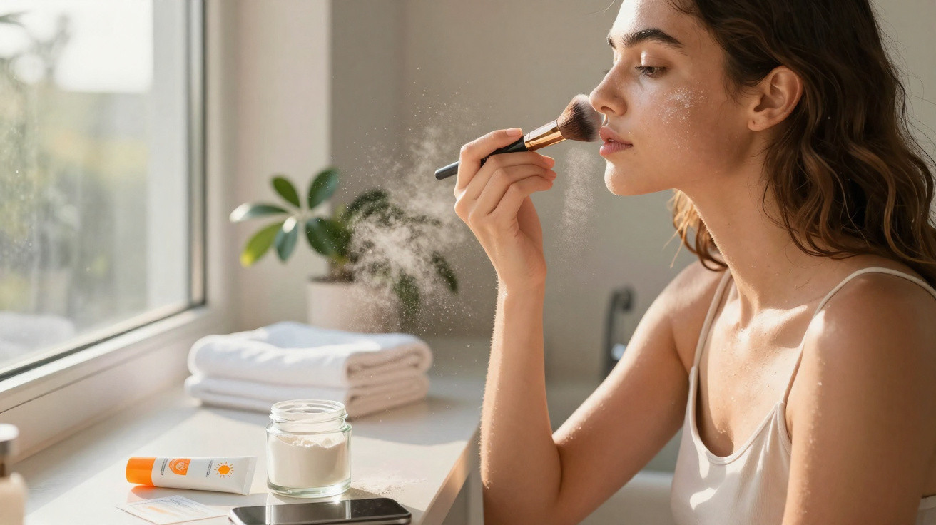 Woman applying powder makeup with a brush near a window with sunlight and skincare products nearby.