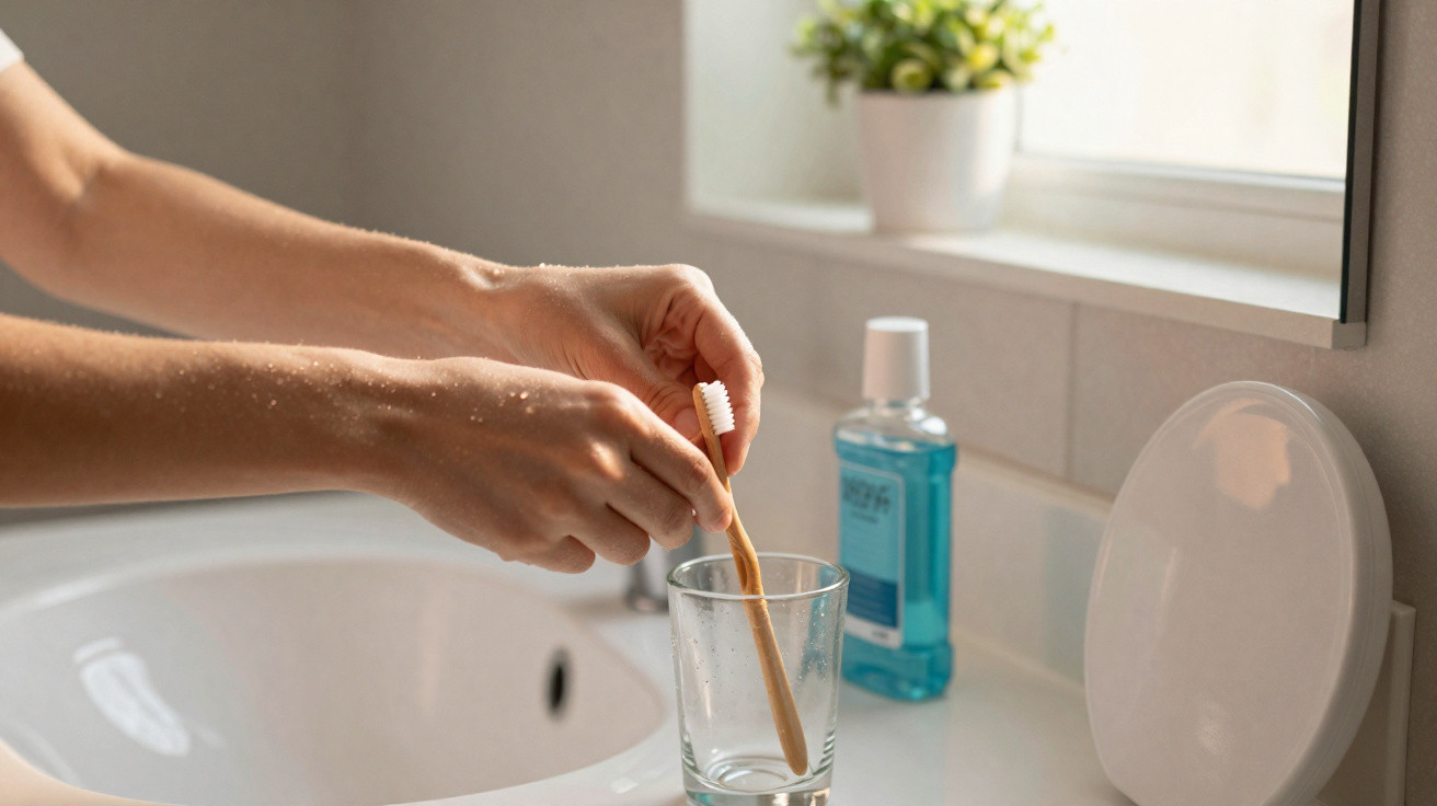 Hands placing a bamboo toothbrush into a glass on a bathroom sink countertop with mouthwash and a mirror nearby.
