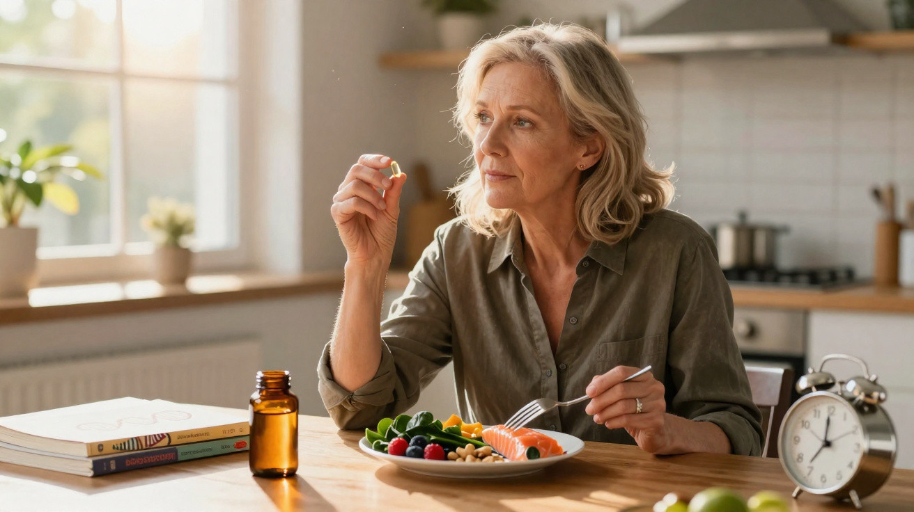 Mature woman sitting at kitchen table holding a pill with a plate of healthy food and an alarm clock nearby.