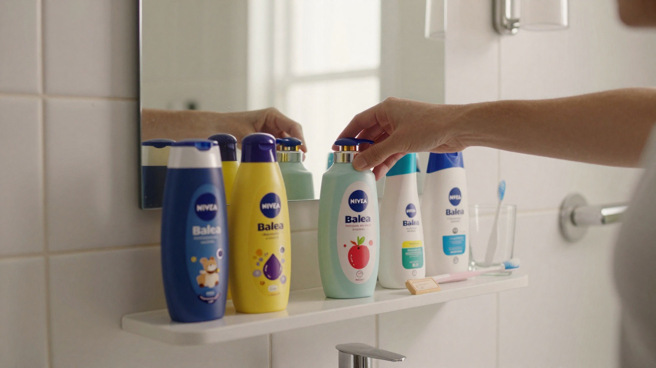 Hand reaching for blue-capped Nivea Balea body wash among various bottles arranged on a bathroom shelf below a mirror.